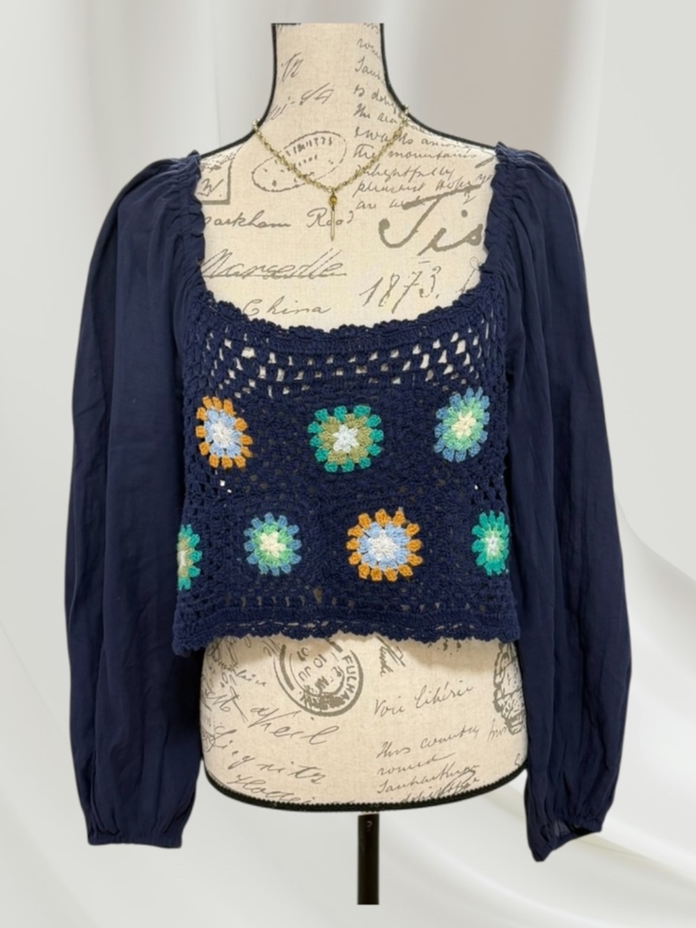 AERIE Navy & Flowers Granny Square Puff/Wide L/Sleeves Crocheted Crop Top L GUC
